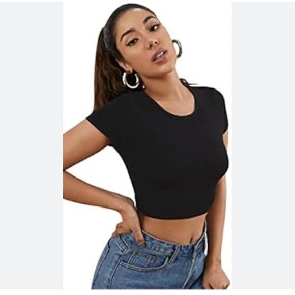 Shein size medium black crop top shorts sleeves - Picture 1 of 8